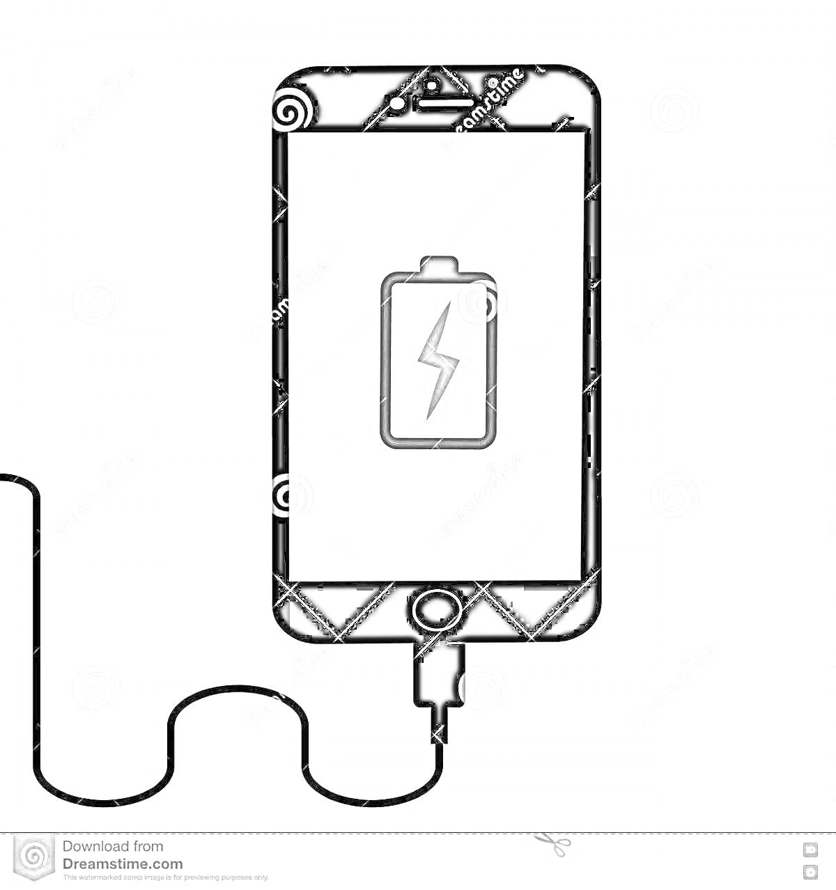 Раскраска Телефон с изображением батареи, присоединенный к зарядному кабелю