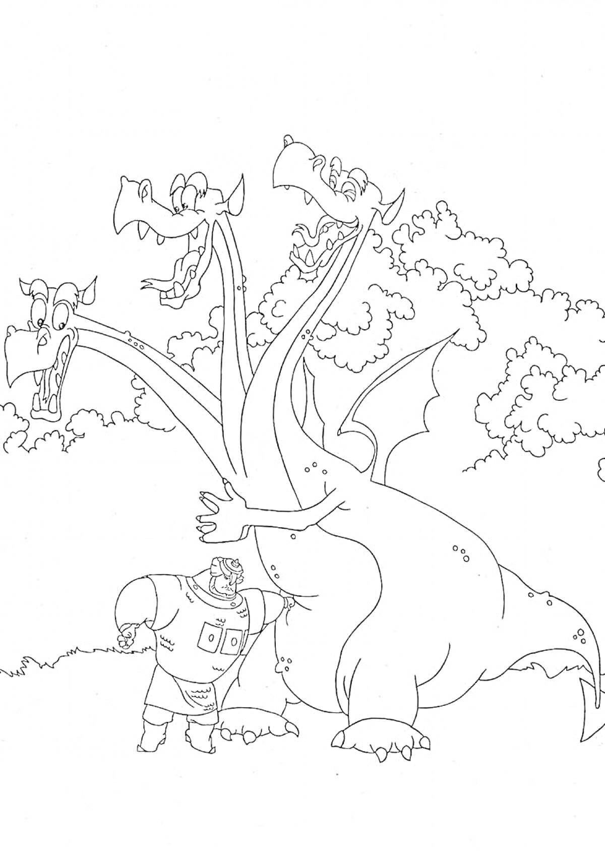 На раскраске изображено: Добрыня Никитич, Змей горыныч, Лес, Деревья, Мультипликация, Русский фольклор, Дракон