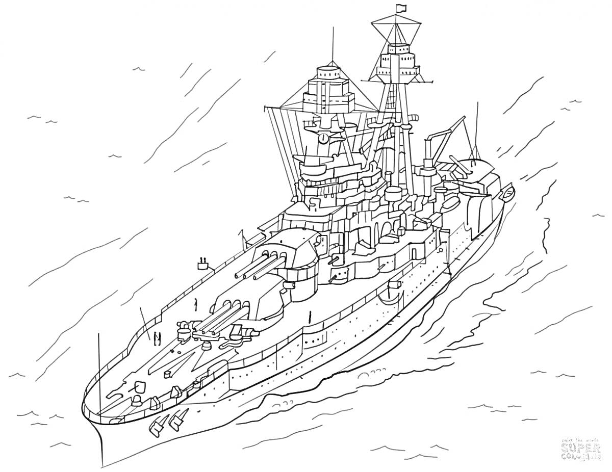 На раскраске изображено: Корабль, Море, Волны, Военный корабль