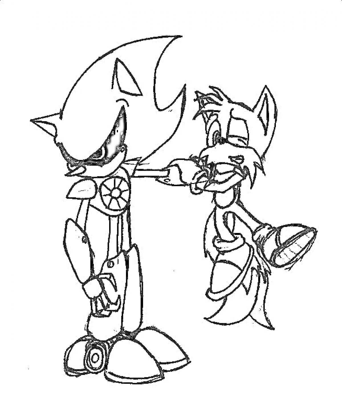 Sonic.exe держит Tails за руку, причем Tails выглядит напуганным и без сознания, оба персонажа покрыты раскадками с драматическими эмоциями