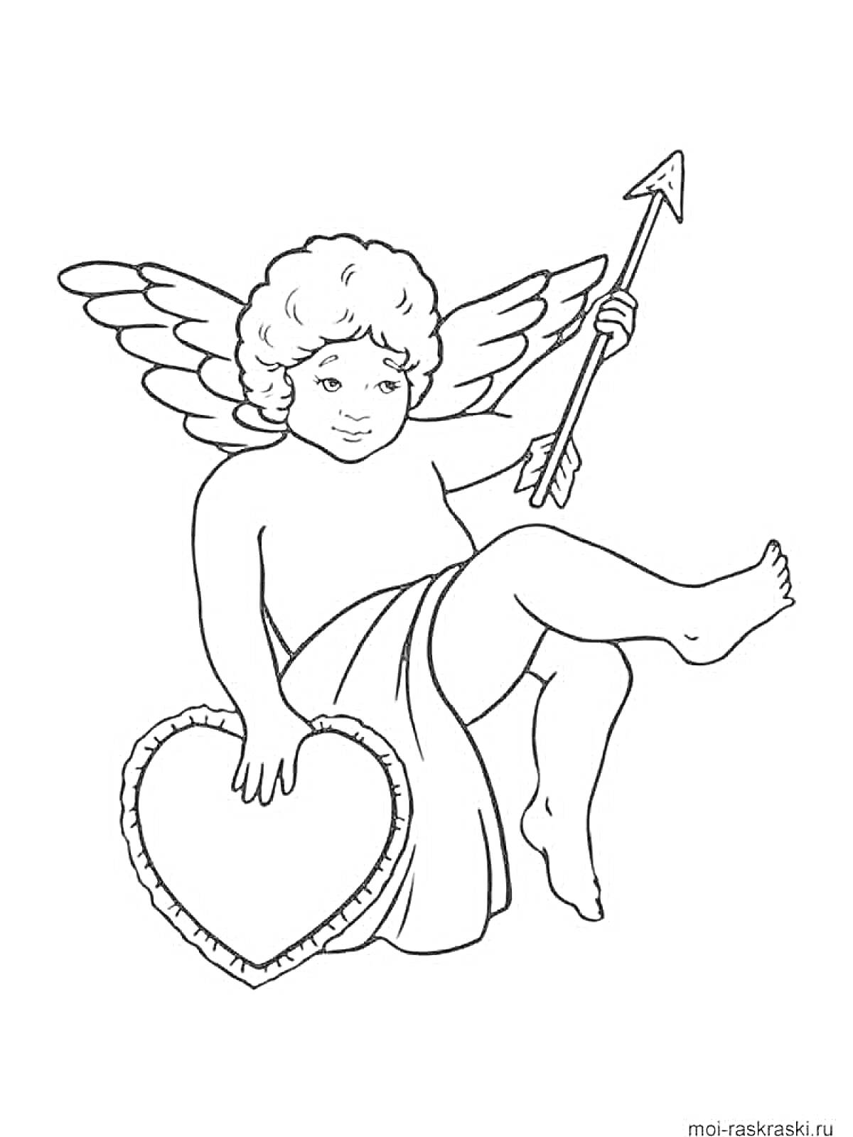Раскраска Ангел с крыльями, держащий стрелу и сердце