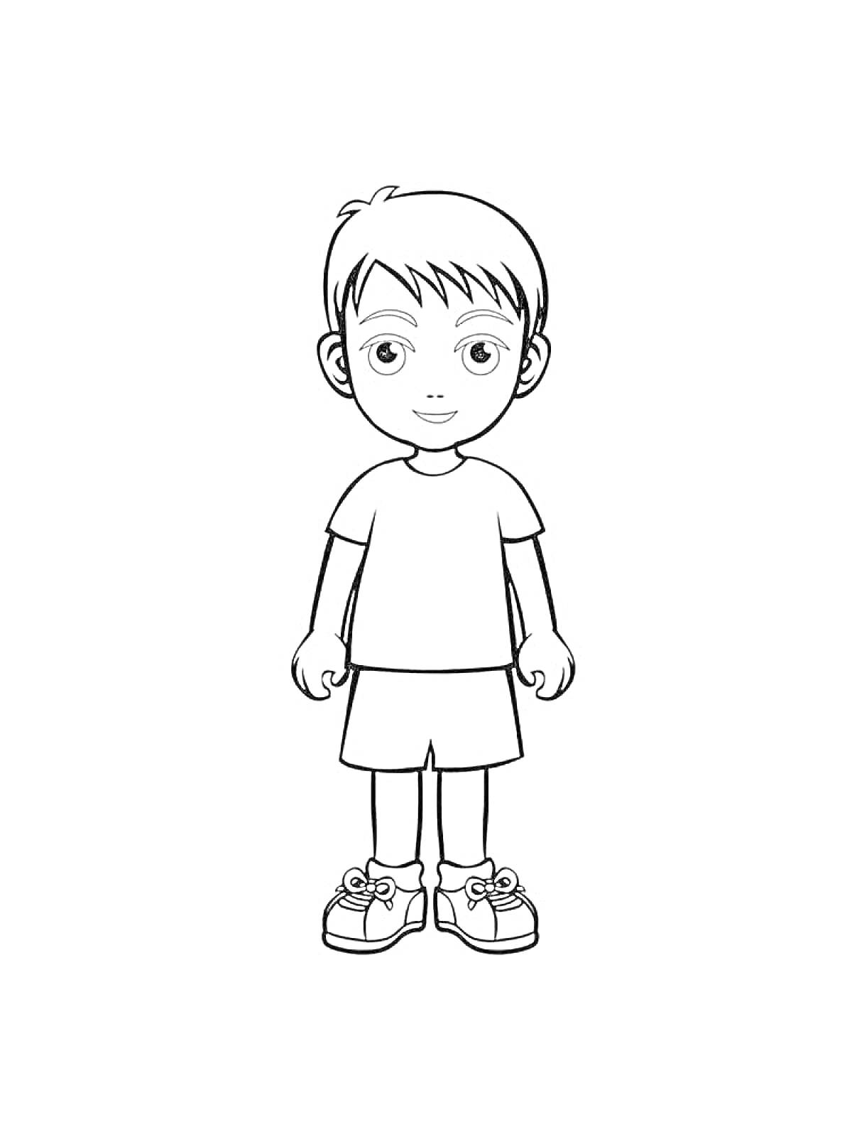Раскраска Мальчик в футболке и шортах с кроссовками