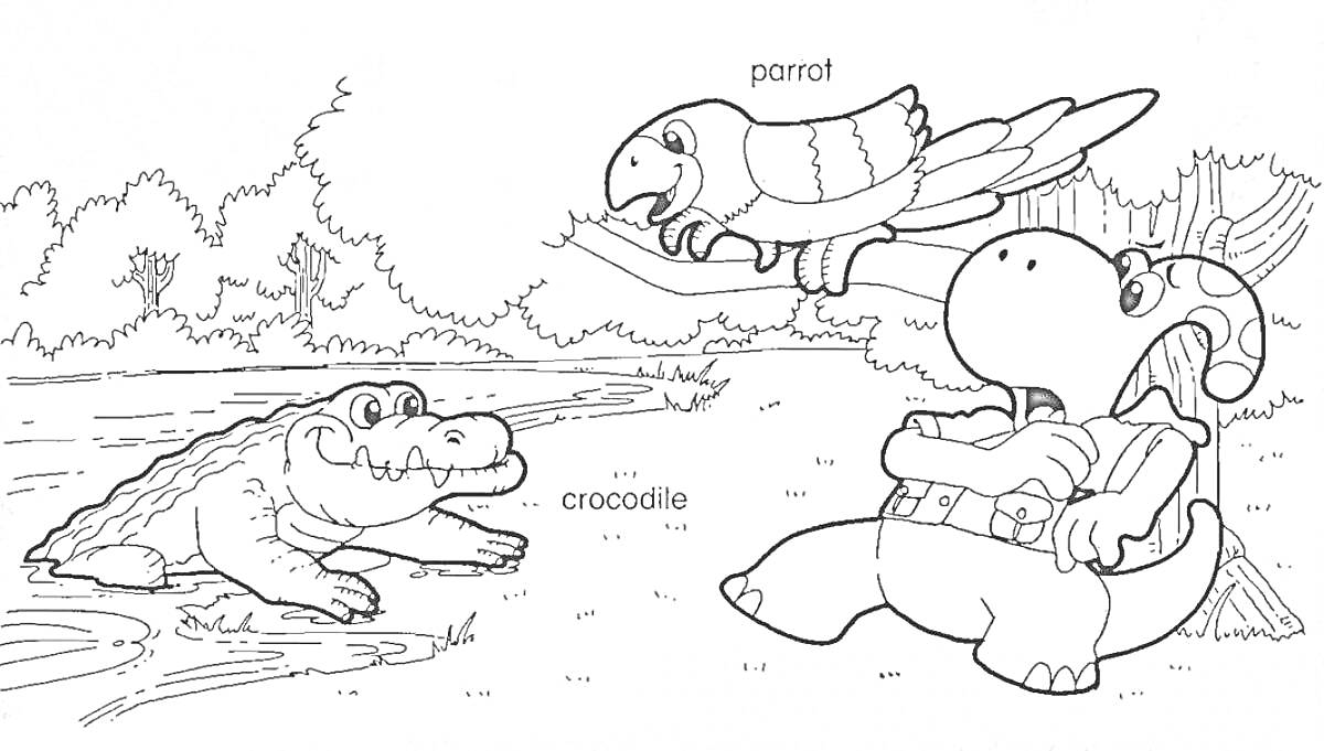 Раскраска Крокодил у водоёма с летающим попугаем и отдыхающим бегемотом