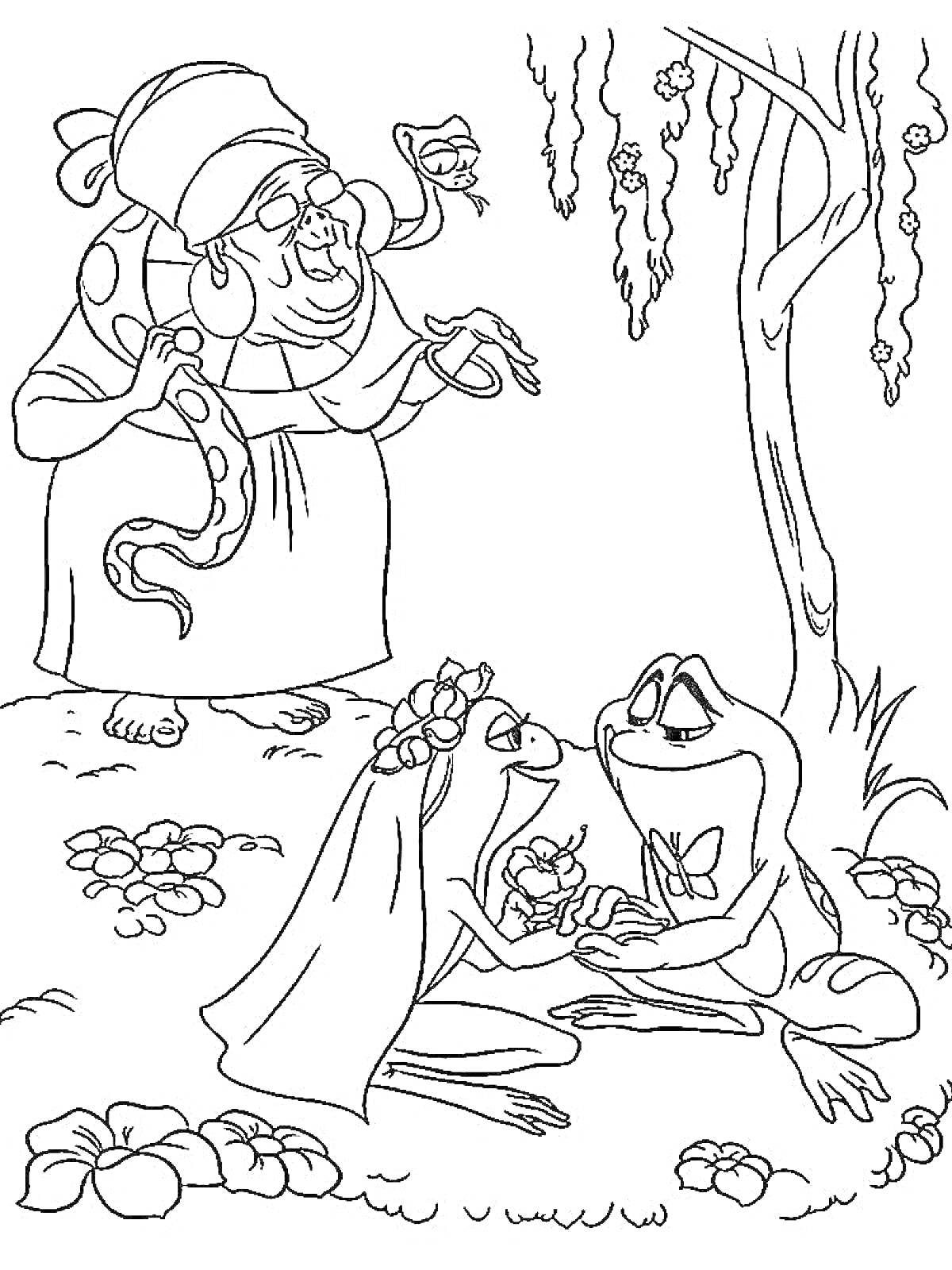 На раскраске изображено: Принцесса, Жених, Свадьба, Венок, Лес, Цветы, Природа