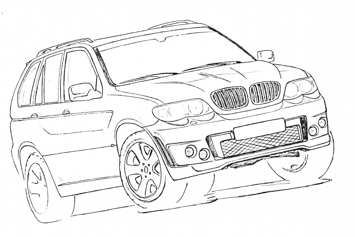 Раскраска Рисунок черно-белого контурного изображения BMW X5 спереди, с видимыми деталями фар, переднего бампера, решетки радиатора, боковых зеркал и колес.