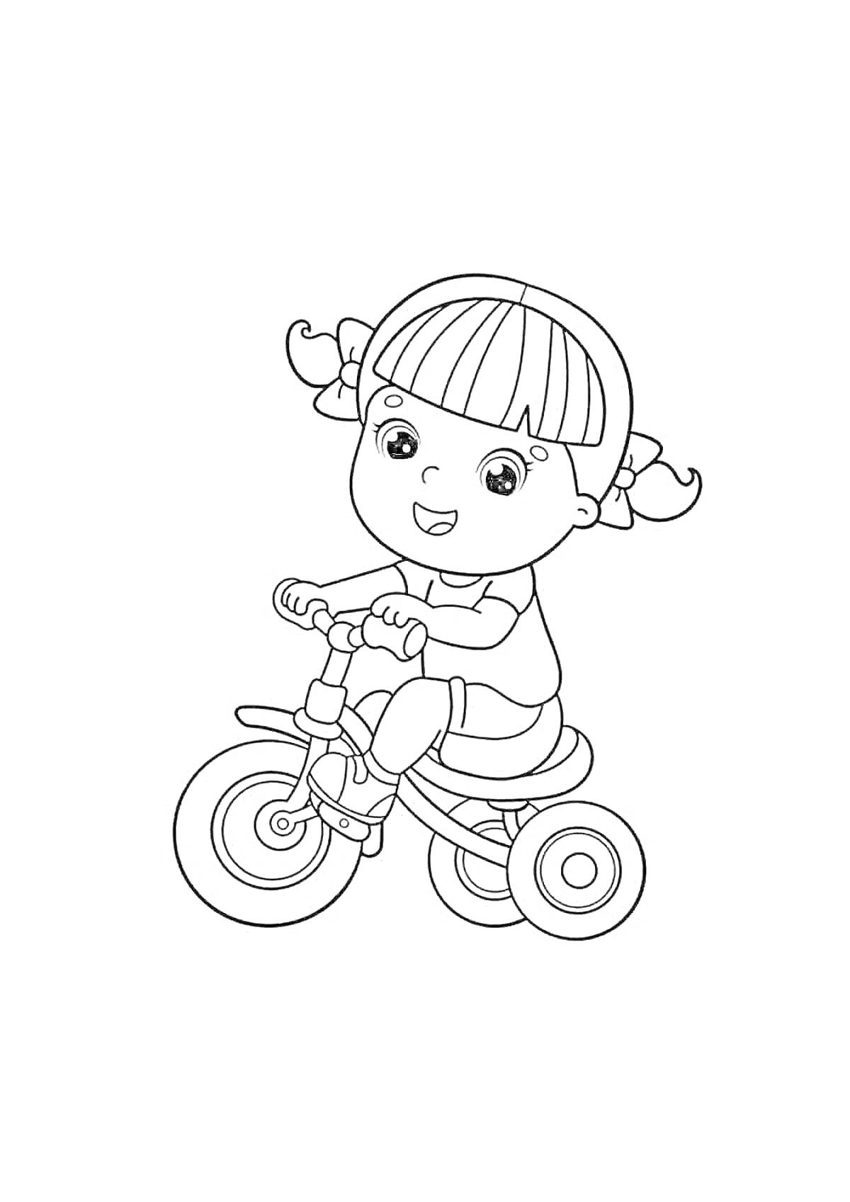 На раскраске изображено: Девочка, Велосипед, Детский транспорт
