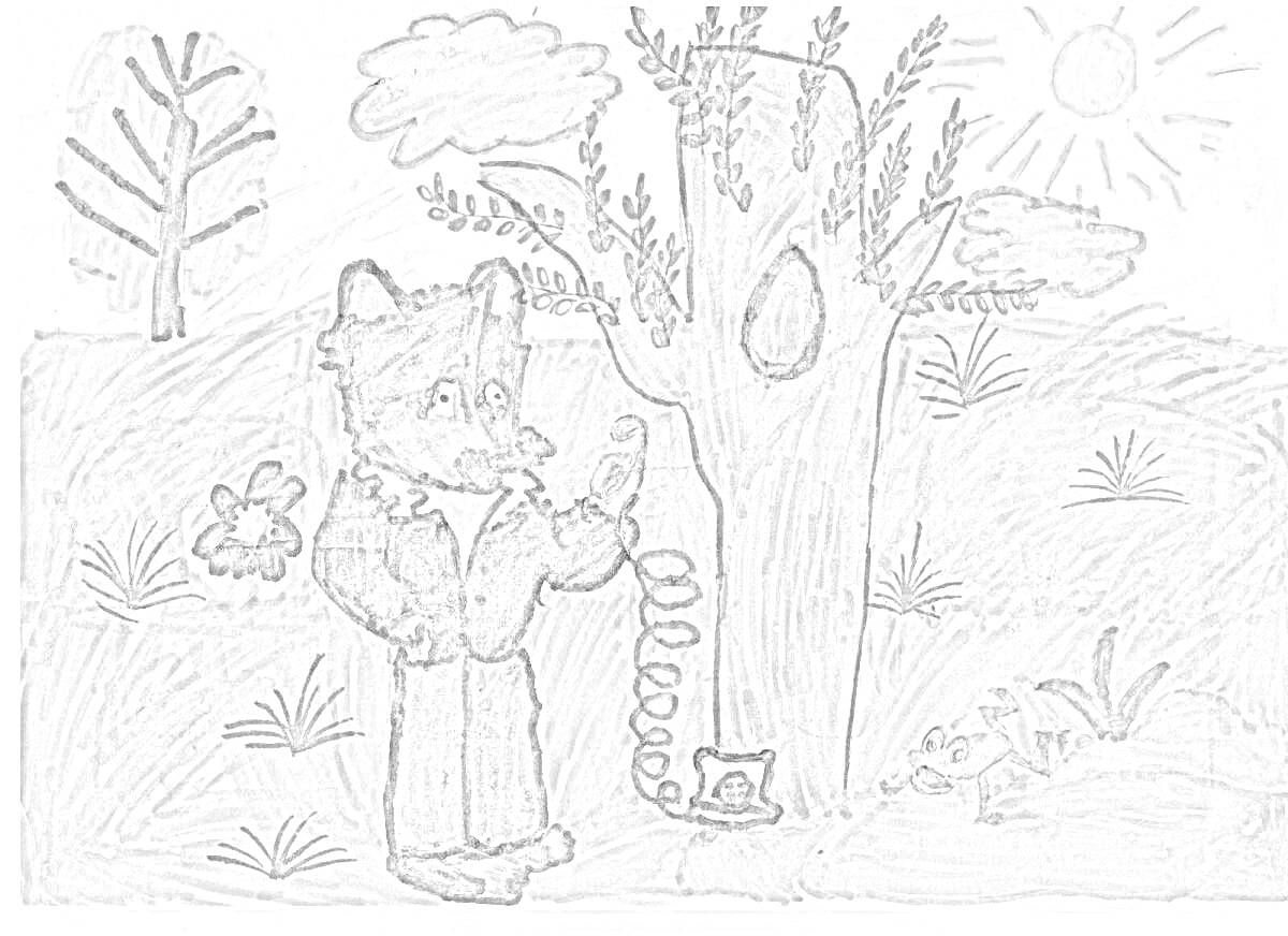 Раскраска Волк с флейтой у дерева с гнездом, цветок, травы, дерево на заднем плане, солнце