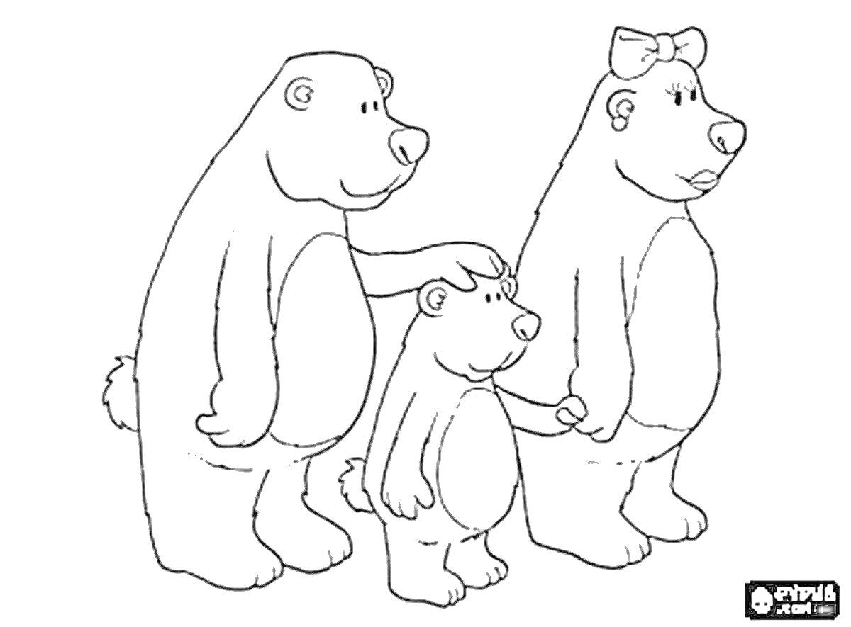 На раскраске изображено: Три медведя, Семья, Бант, Ходьба
