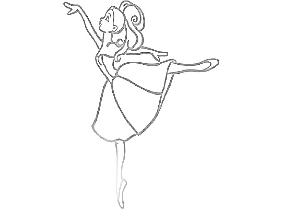 Раскраска балерина в позе арабеск с поднятой рукой и ногою, волосы собраны в пучок, платье с юбкой до колен