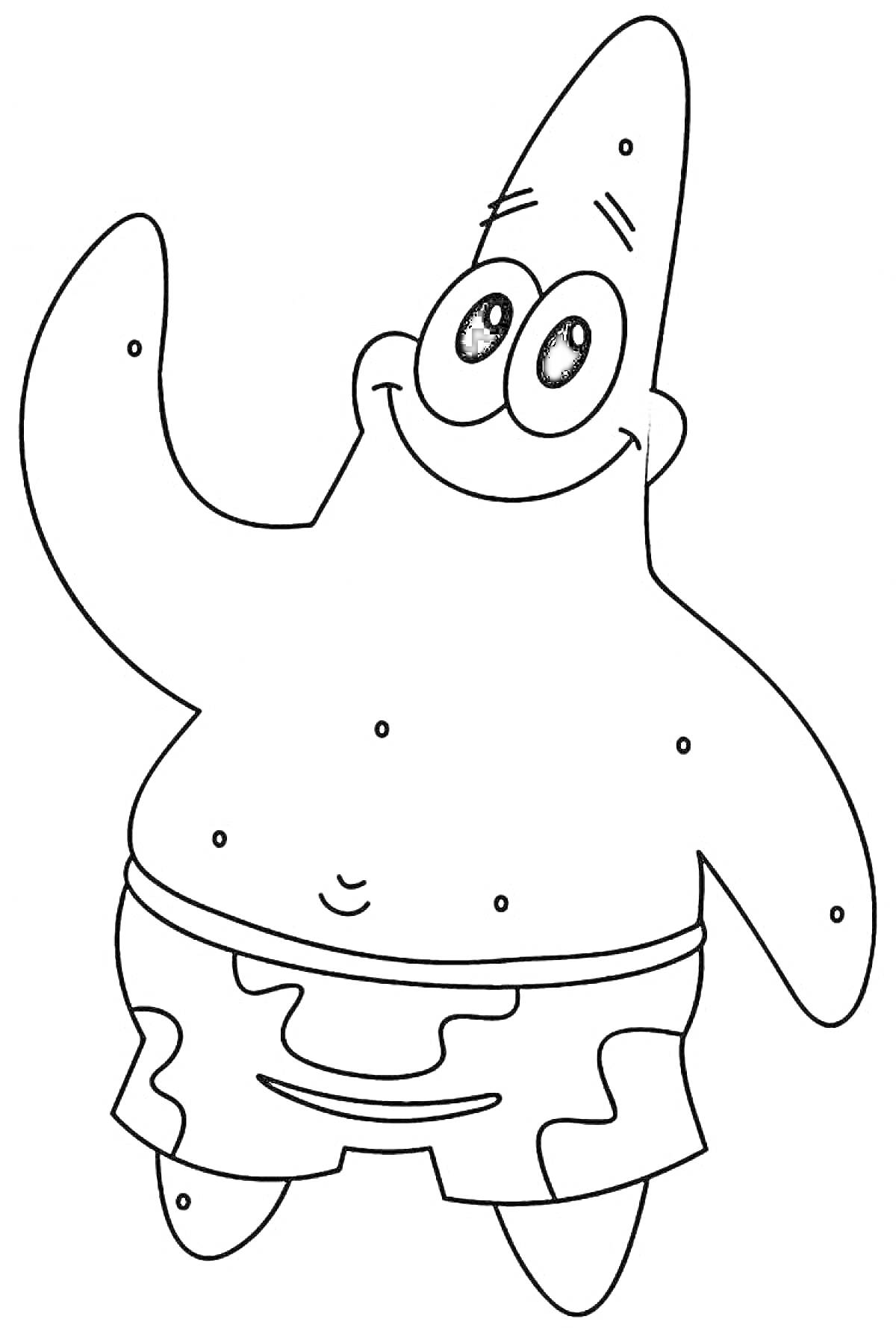 Раскраска Патрик в шортах, улыбающийся с поднятой рукой
