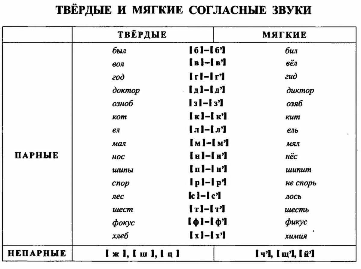 Таблица твердых и мягких согласных в русском языке примеры
