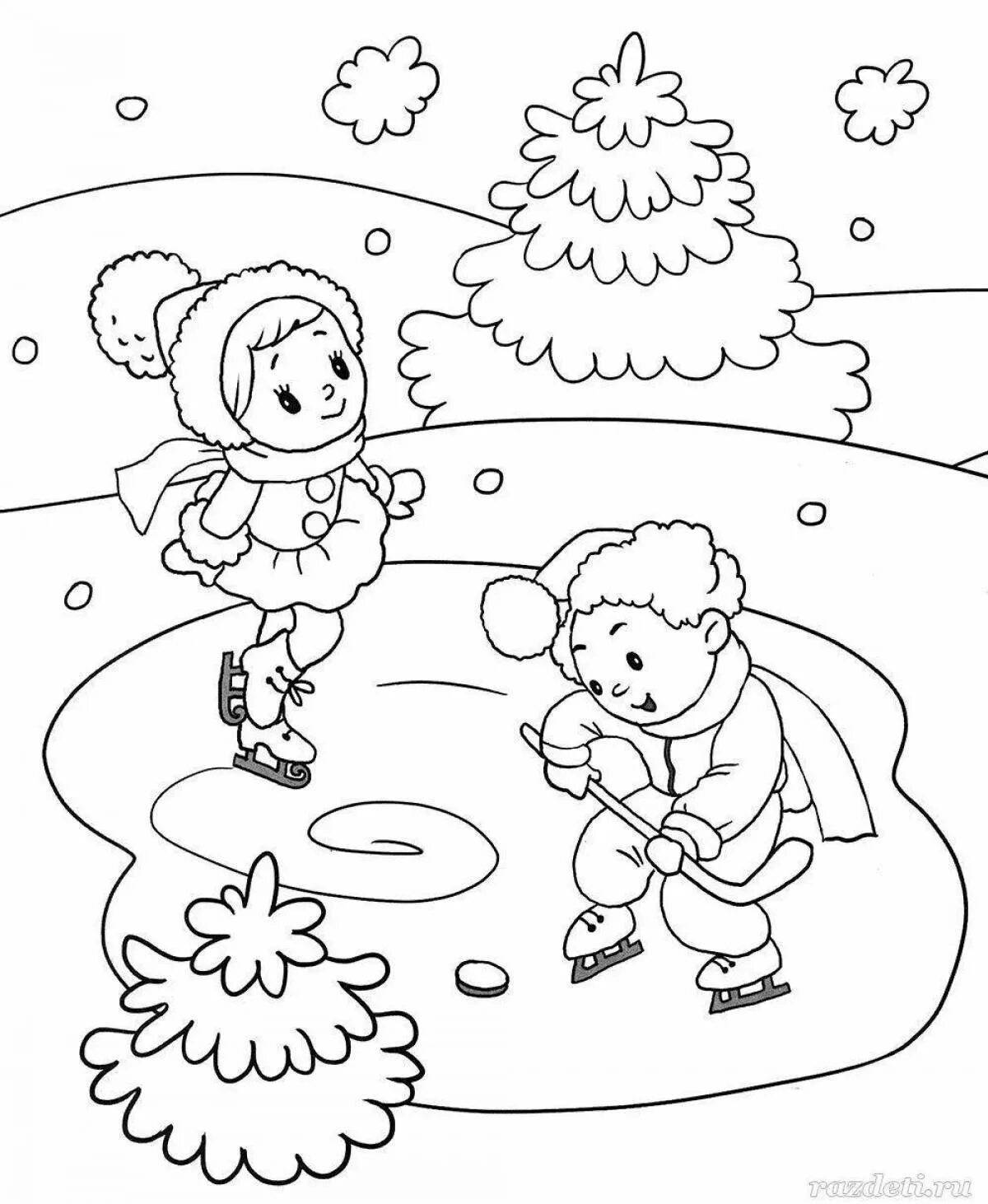 Зимние забавы - раскраска для детей - распечатать 14 шаблонов