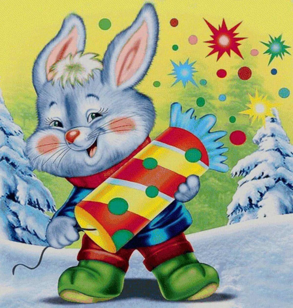 Новым годом зайчик. Новогодний заяц. Открытки предпраздничного настроения. Зайчик раскраска цветная.