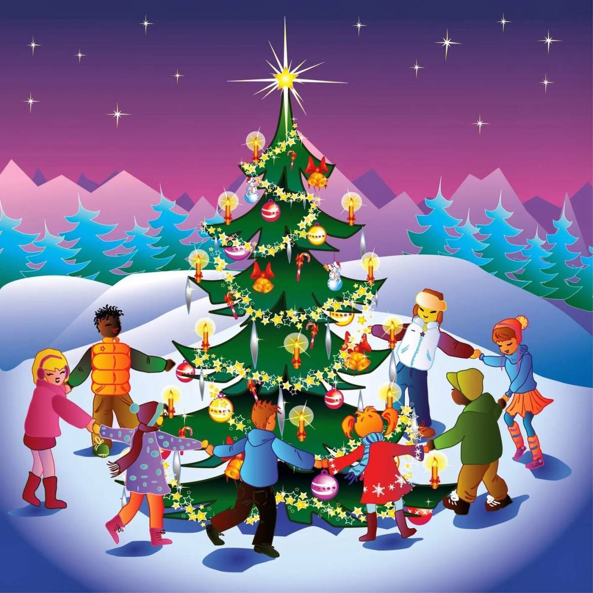 Рождественские елки для детей. Хоровод вокруг елки. Новогодняя елка для детей. Дети водят хоровод вокруг елки. Новый год хоровод вокруг елки.