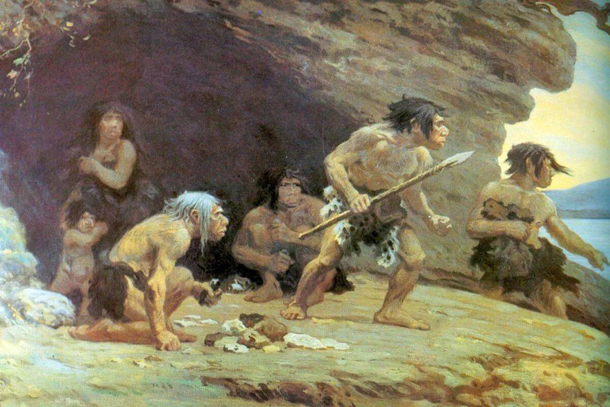 Хомо сапиенс каменный век. Каменный век кроманьонец. Первобытные люди неандертальцы. Битва неандертальца и кроманьонца. Жизнь первобытных людей