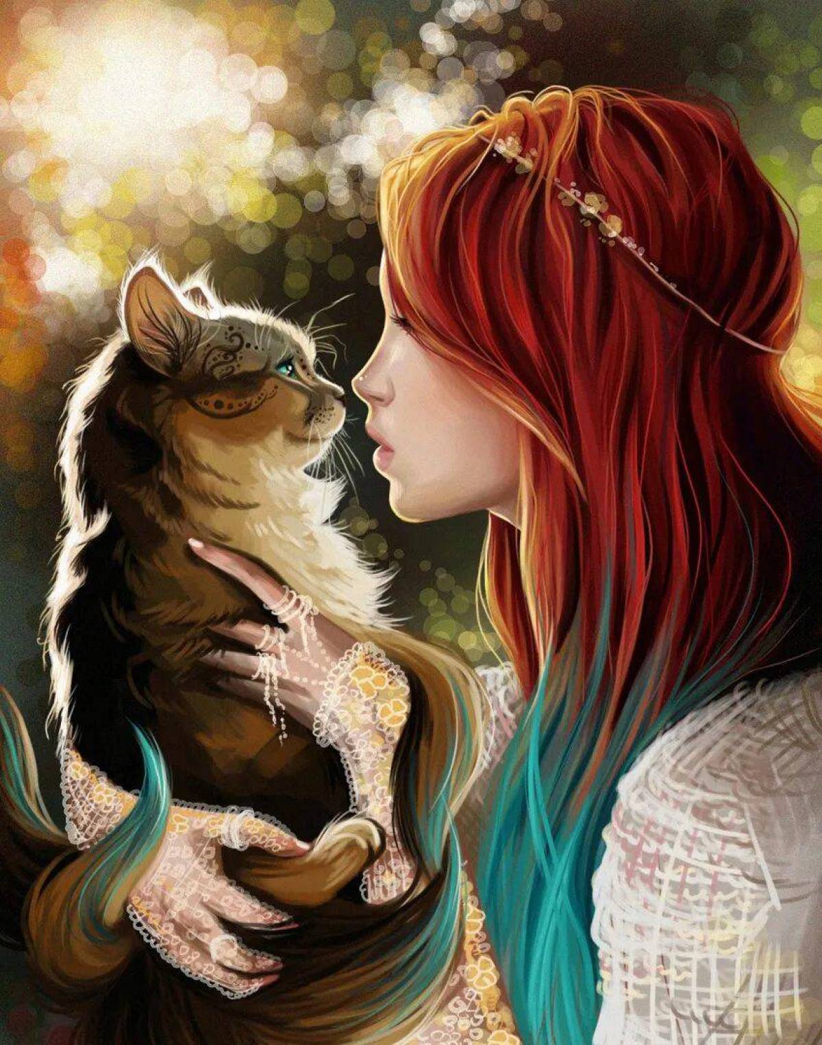 Картинка девушка с кошкой. Девушка с рыжим котом. Девушка кошка фэнтези. Девушка с кошкой арт. Рыжая ведьма с котом.