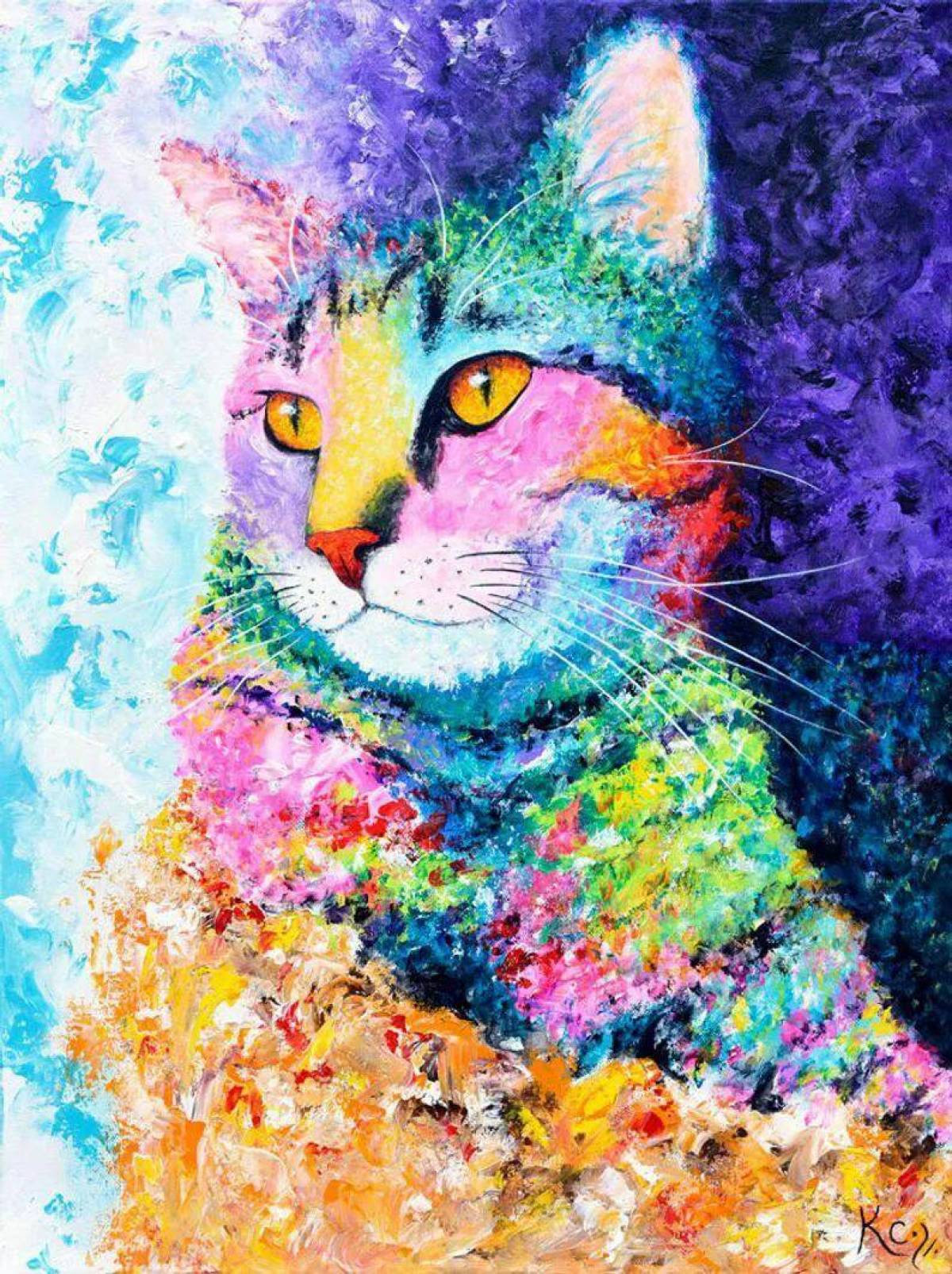 Кот рисунок цветной. Разноцветная кошка. Радужный кот. Яркие котики. Рисунки разноцветные.