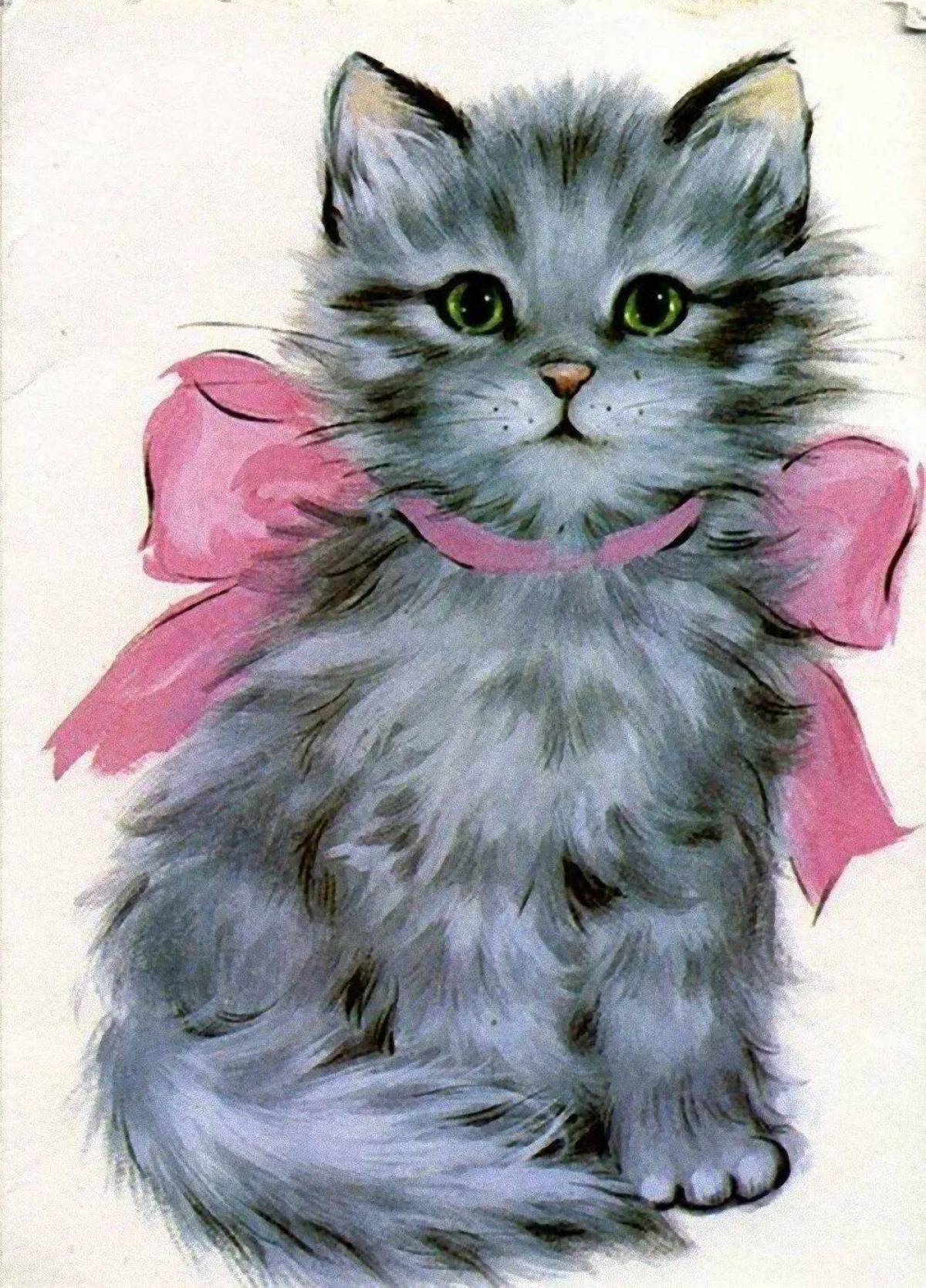 Цветные картинки кошек. Пушистые котята. Пушистая кошка. Кошка рисунок. Котенок с бантиком.