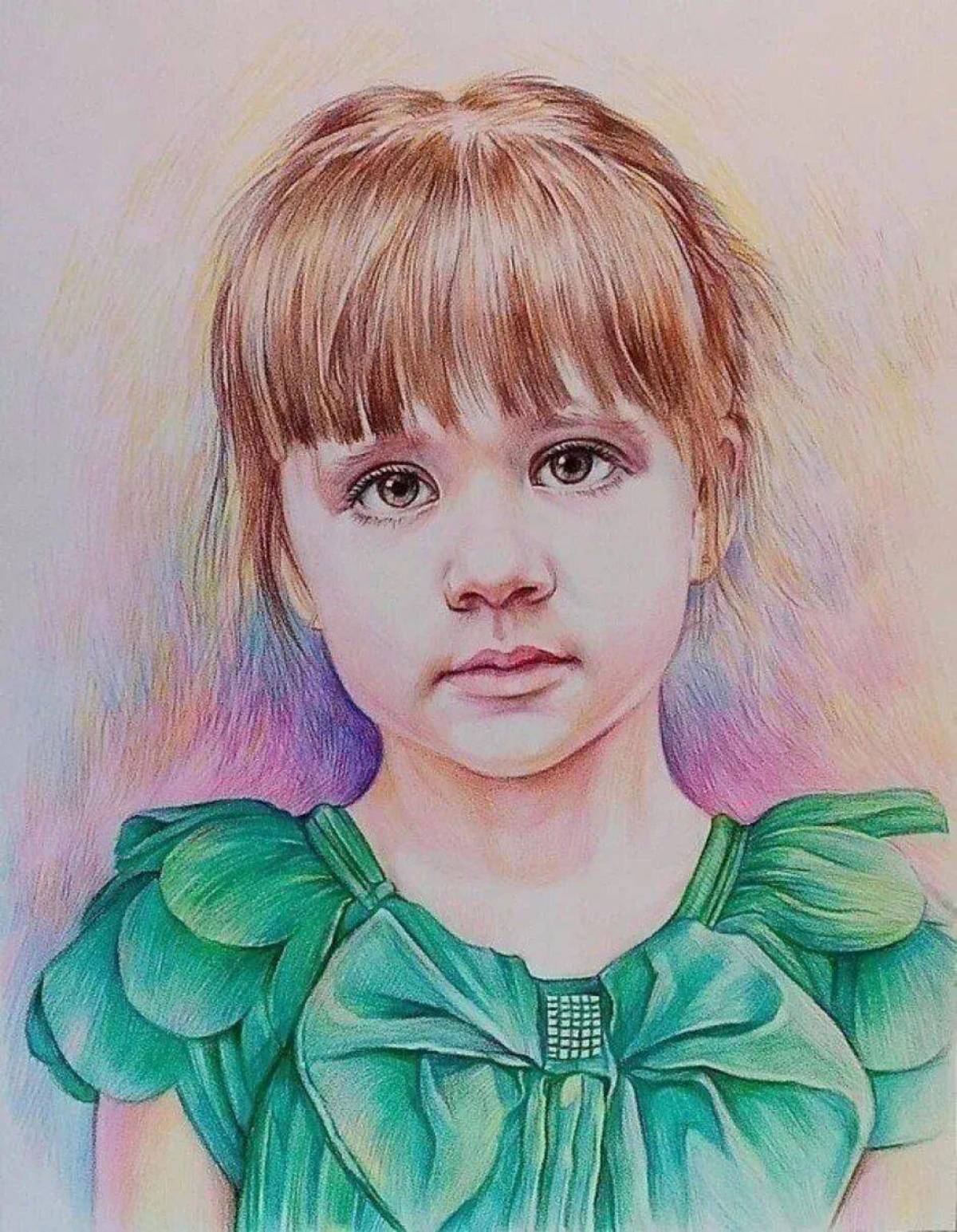 Нарисуй красивого ребенка. Портрет акварельными карандашами. Портрет девочки с челкой. Портрет девочки красками. Рисунки для детей.
