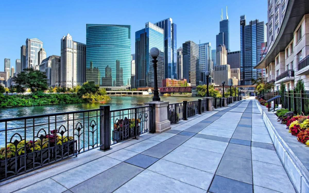 Общество современного города. Набережная: Chicago Riverwalk. Набережная Нью-Йорка. Чикаго (Иллинойс). Mary Bartelme Park, Чикаго, Иллинойс, США.