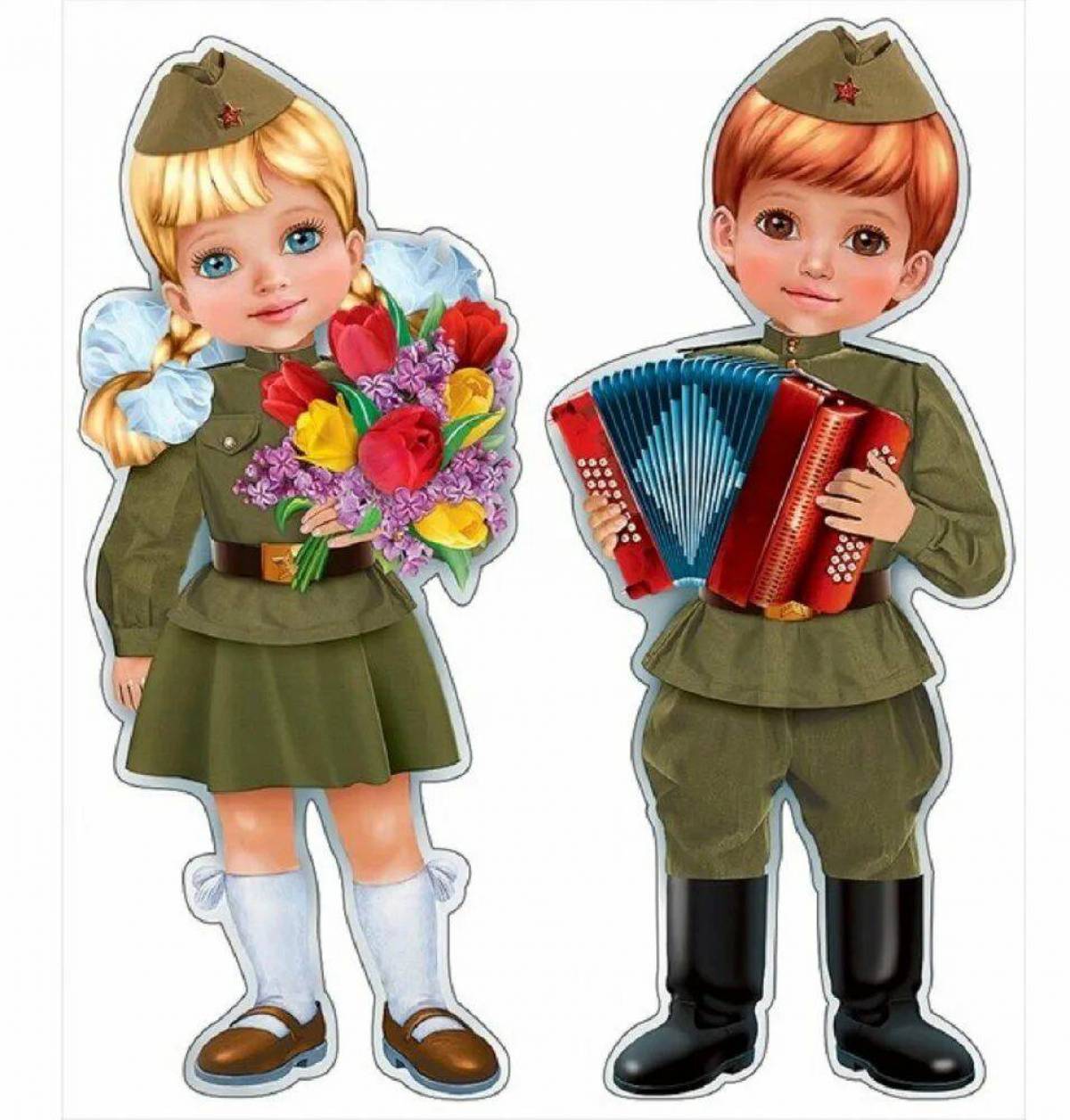 9 мая день картинки для детей. Вырубной плакат. Мальчик и девочка в военной форме. Плакат вырубной дети в военной форме. Дети в военной форме мультяшная.