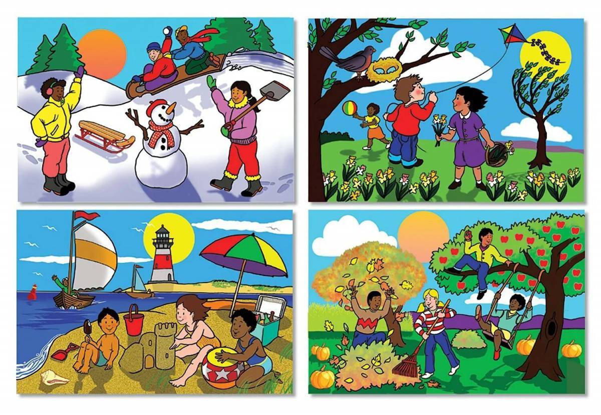 Английский летом 6 класс. Изображения времен года для детей. Иллюстрации с изображением времен года. Картинки временаода. Времена года для дошкольников.