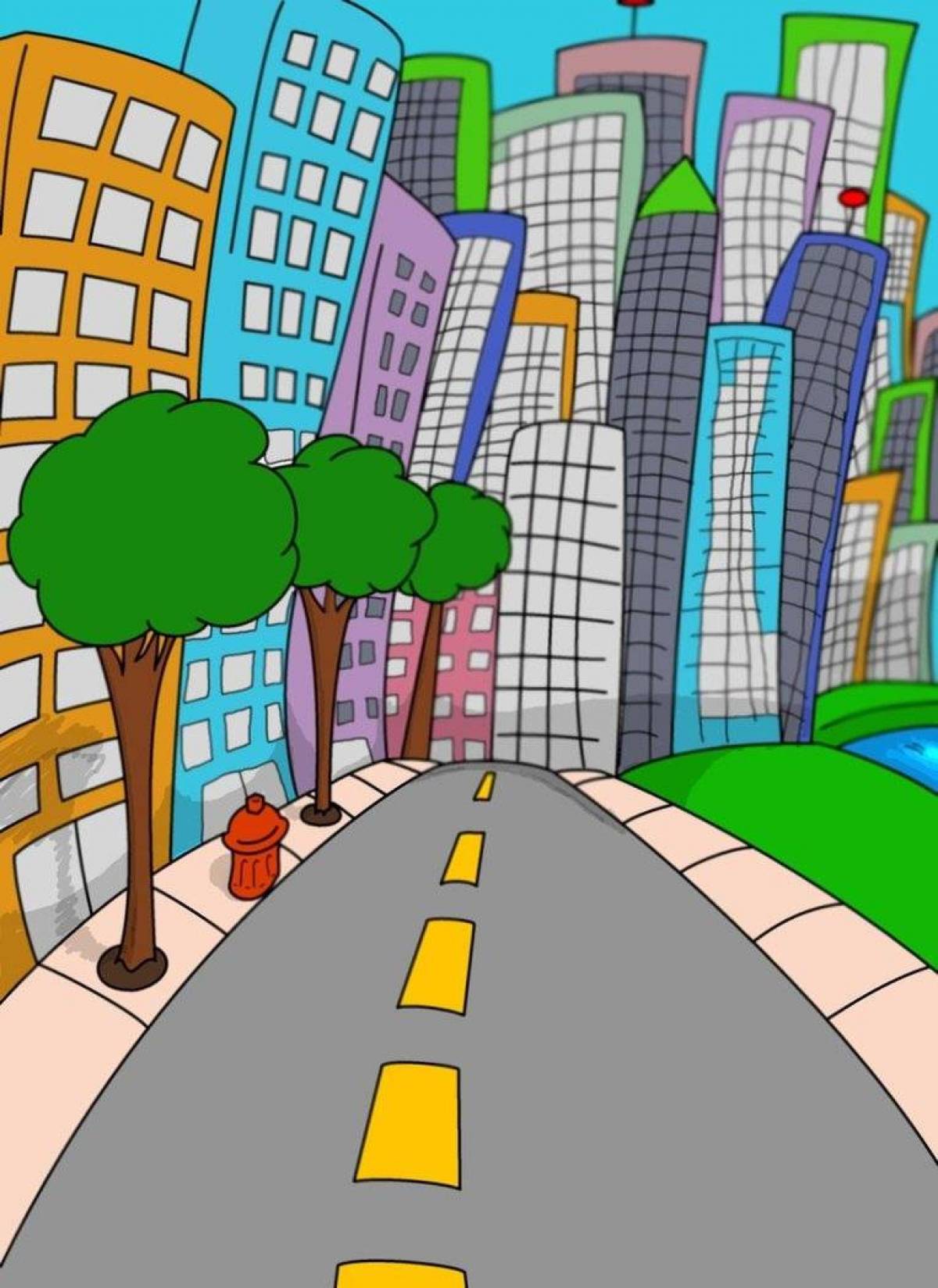 Включи простые города. Мультяшный город. Изображение города для детей. Нарисованный город. Город рисунок.