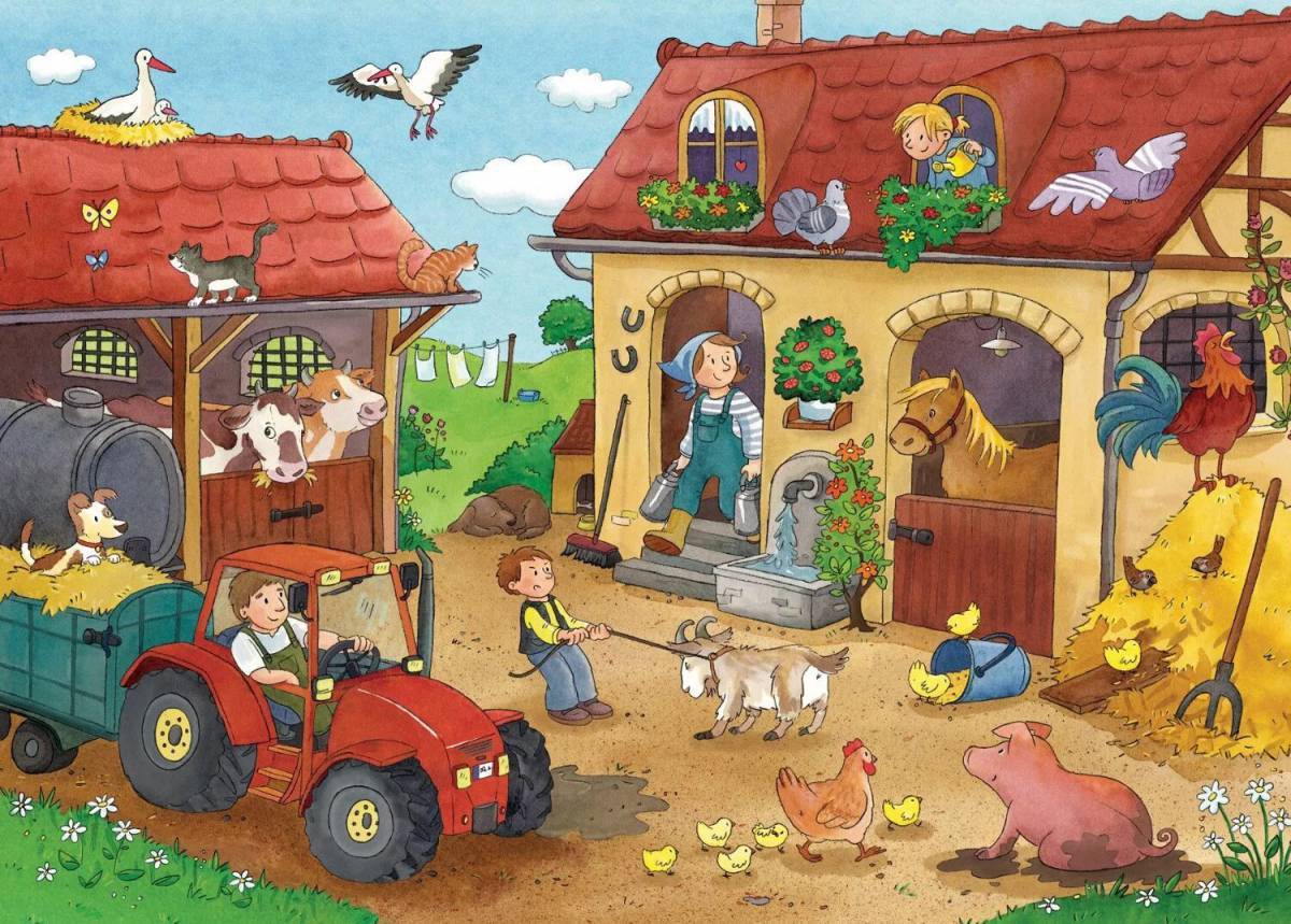 He lives on the farm. Двор для домашних животных. Сюжетная картина на ферме. Ферма для детей. Деревенский двор для детей.