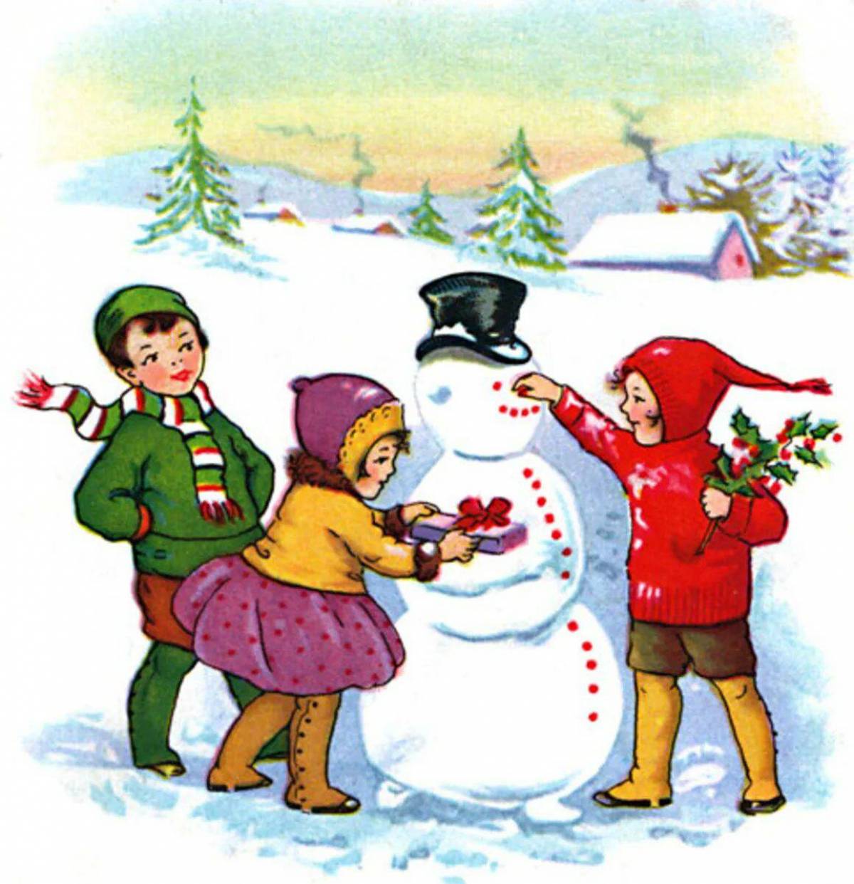 Другие вили строили лепили. Сюжетная картина зимние развлечения. Дети лепят снеговика. Рисунок лепка снеговика. Игра в снежки.