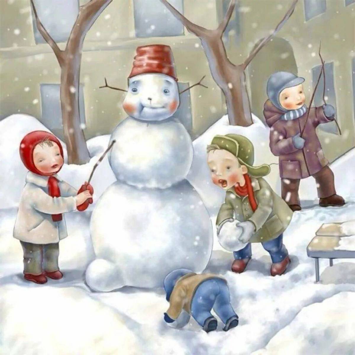 Зима пришла. «Дети лепят снеговика», Чарльз Пайл. Зимние забавы. Дети лепят снеговика. Зимние игры для детей.