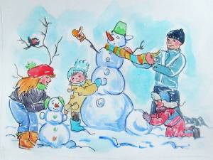 Раскраска дети лепят снеговика #29 #56426