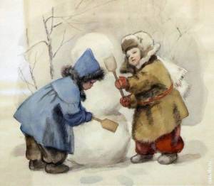 Раскраска дети лепят снеговика #32 #56429