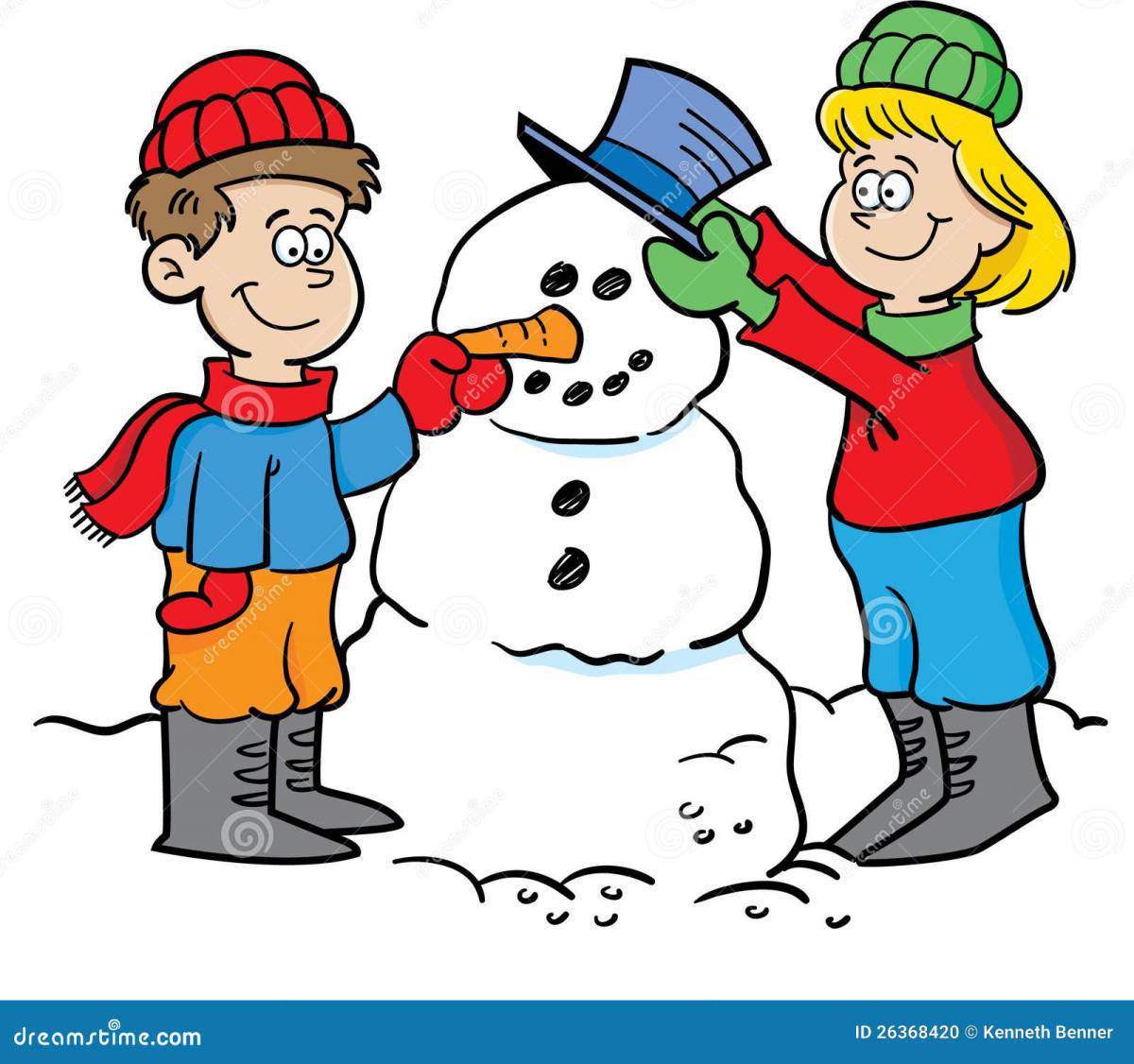 Дети лепят снеговика #1