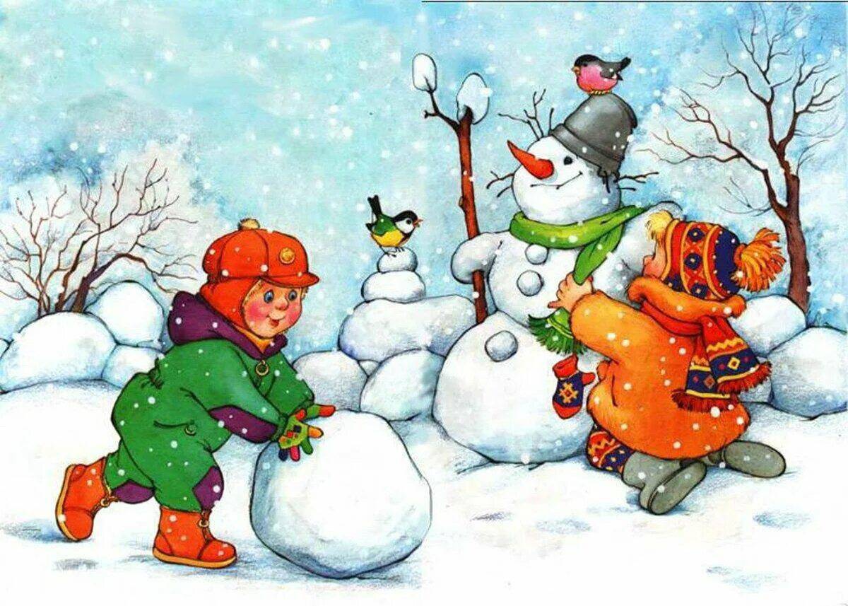 Дети лепят снеговика #2