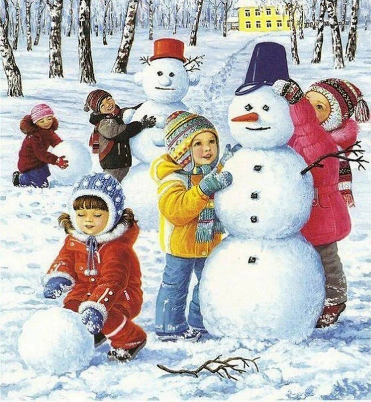 Дети лепят снеговика #16