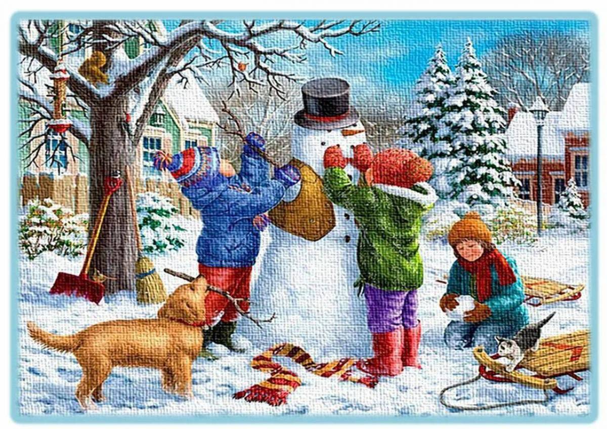 Дети лепят снеговика #26
