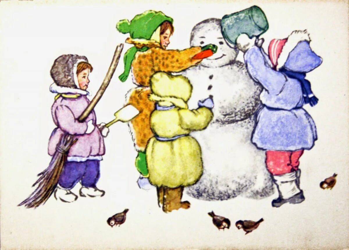 Дети лепят снеговика #30
