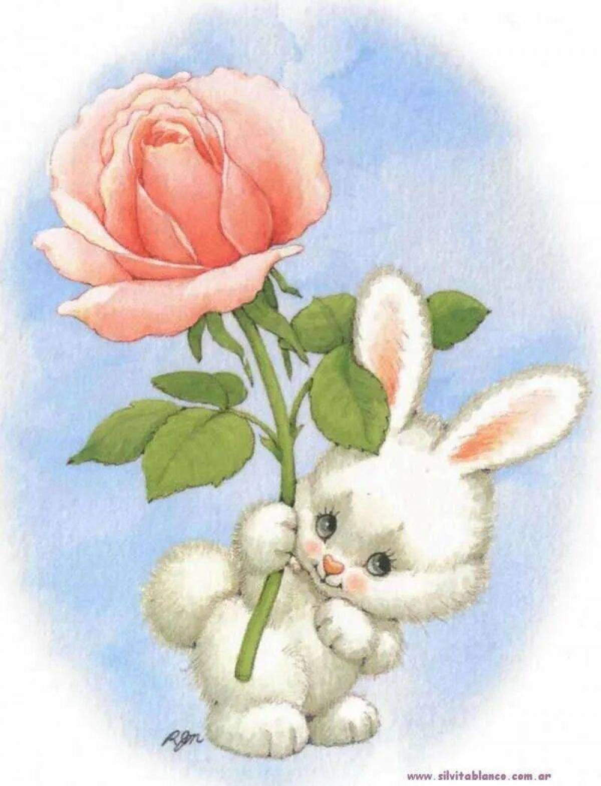 Красивые рисунки для открытки. Зайчик с цветочком. Зверюшки с цветами. Милый зайчик с цветочком. Заяц с розой.
