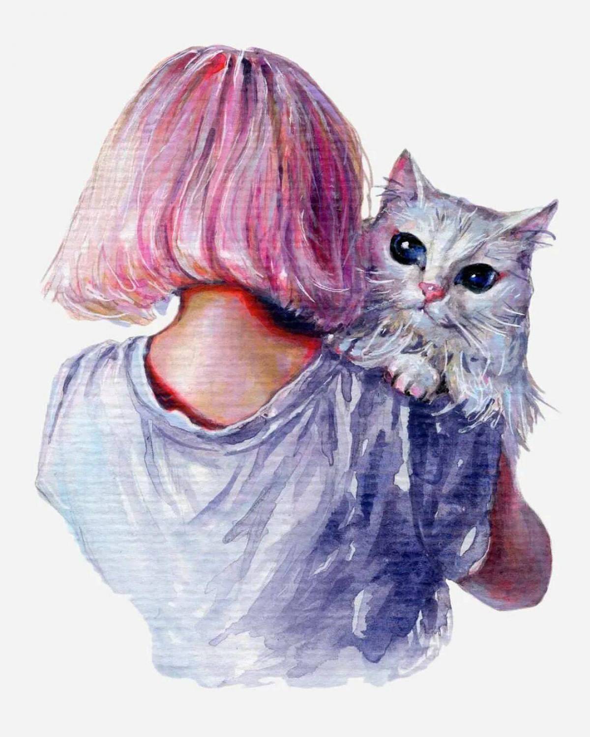 Картинка девушка с кошкой. Девушка кошка. Девушка с котиком. Девушка с котом на плече. Кошка иллюстрация.