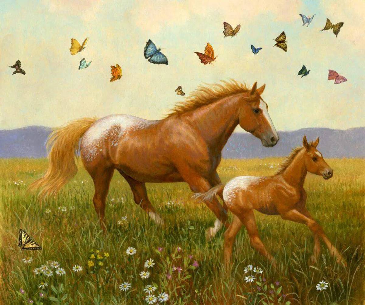 Старшие лошадки. Лошадь с жеребенком. Картина "лошадь с жеребёнком". Лошади на лугу и дети. Лошадь с жеребенком на лугу.