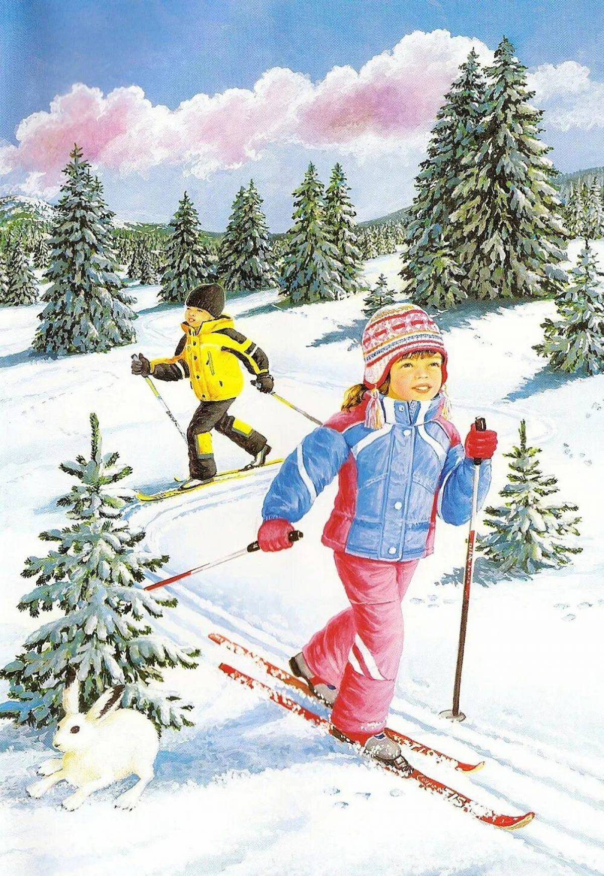 Зимние забавы картинки для детей. Зимние забавы. Зимние развлечения. Зимние развлечения для детей. Дети катаются на лыжах.