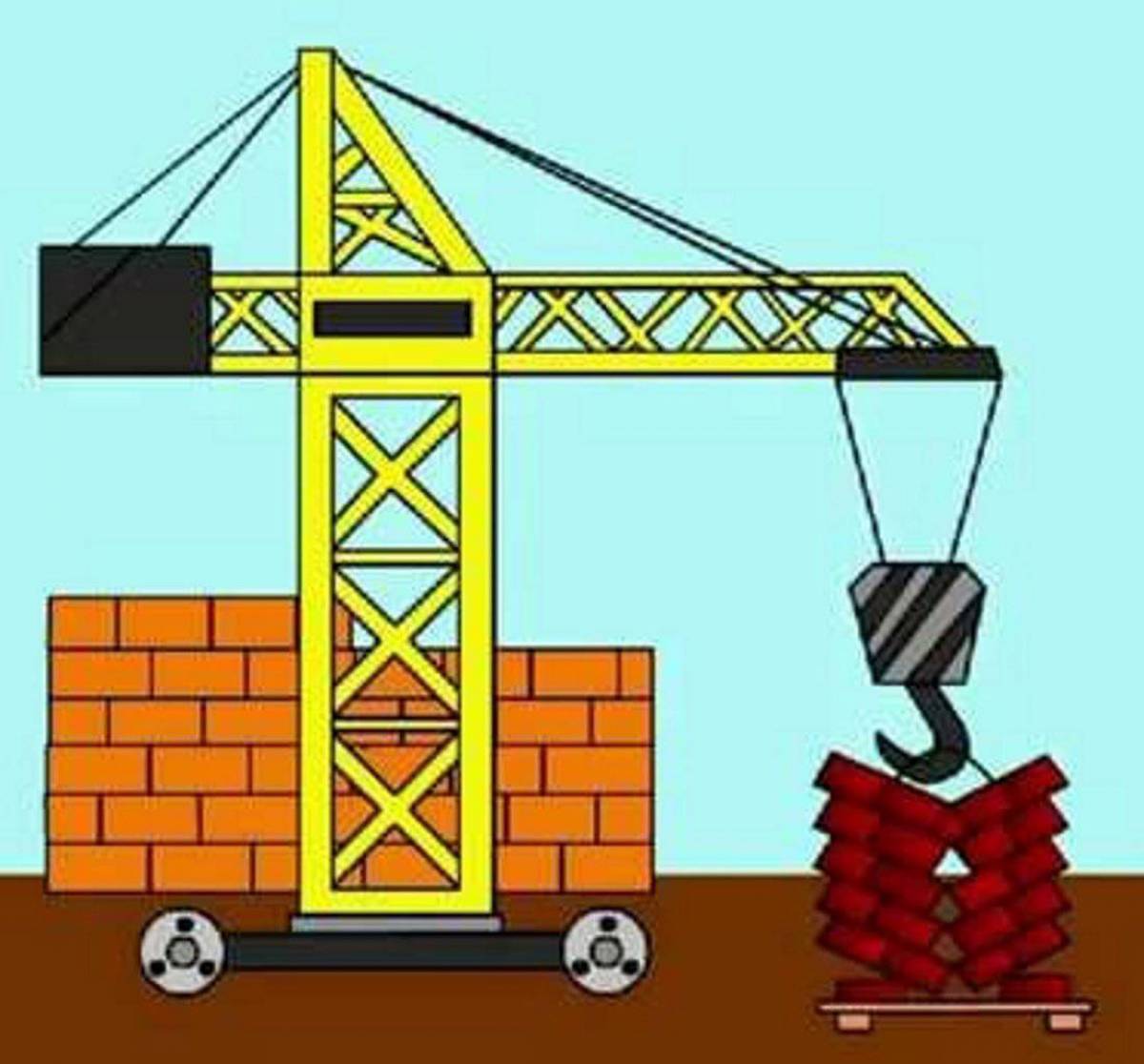 Какую работу совершил кран. Кран строительный мультяшный. Подъемный кран мультяшный. Башенный кран мультяшный. Кран с грузом.