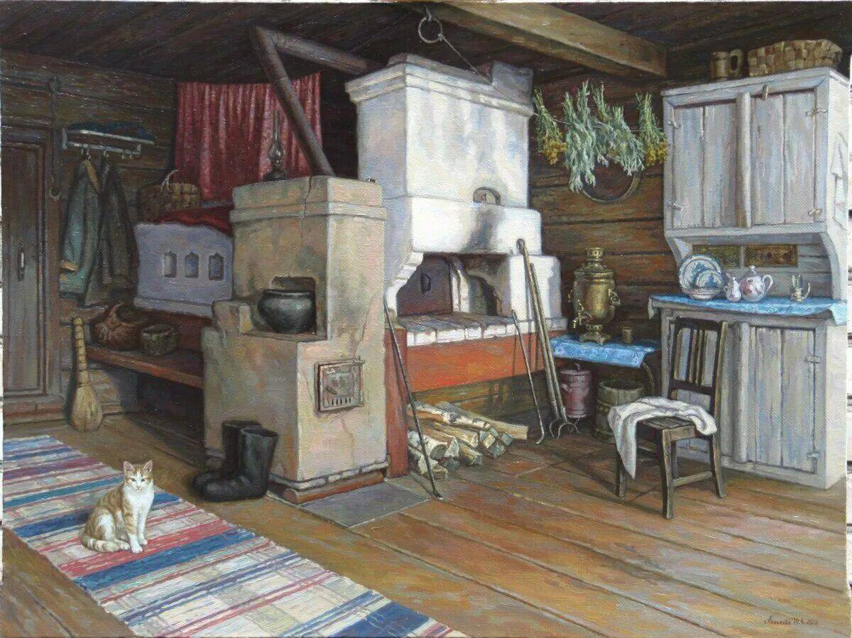 Маленький домик русская печка стол деревянный лавка и свечка