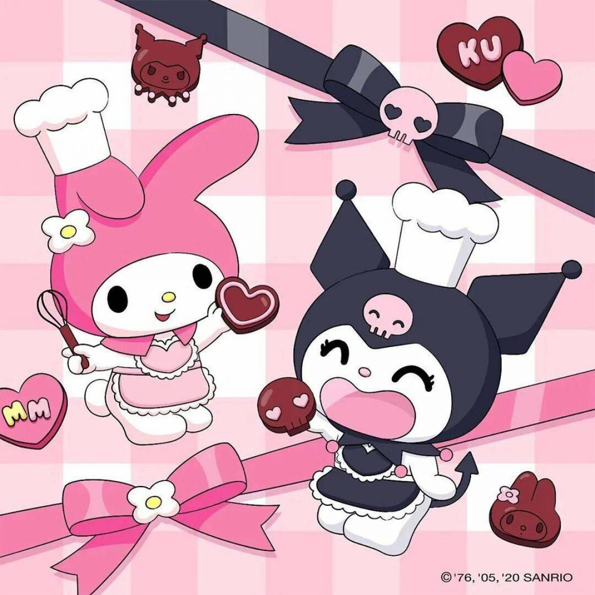 Hello kitty куроми и мелоди. Kuromi фон. Мини рисунки с Хеллоу Китти Куроми. Новый год Хэллоу Китти Куроми. Мэй Мелоди Хэллоу Китти.