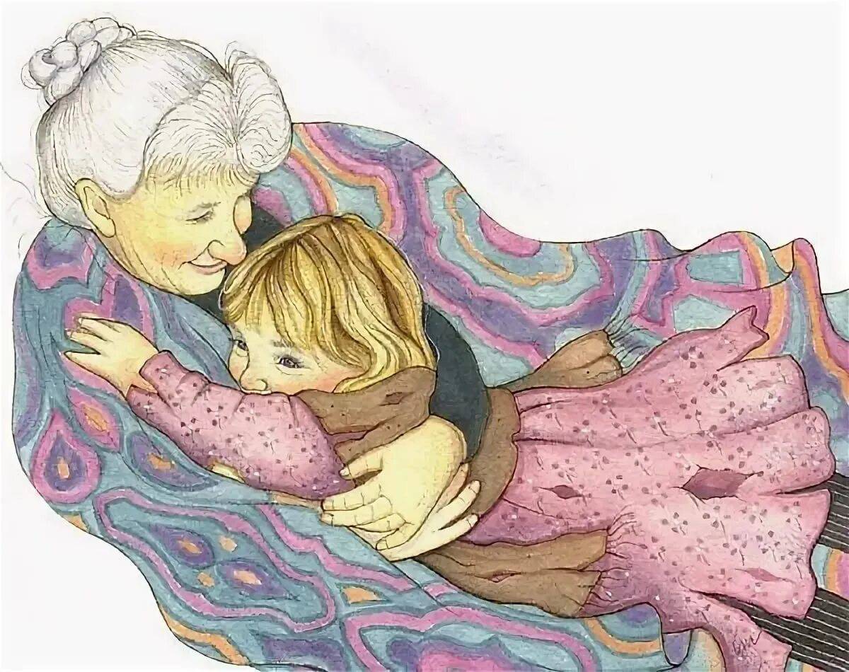 Тепло матери все части. Девочка обнимает бабушку. Бабушка и внучка. Бабушка иллюстрация. Бабушка обнимает внуков.