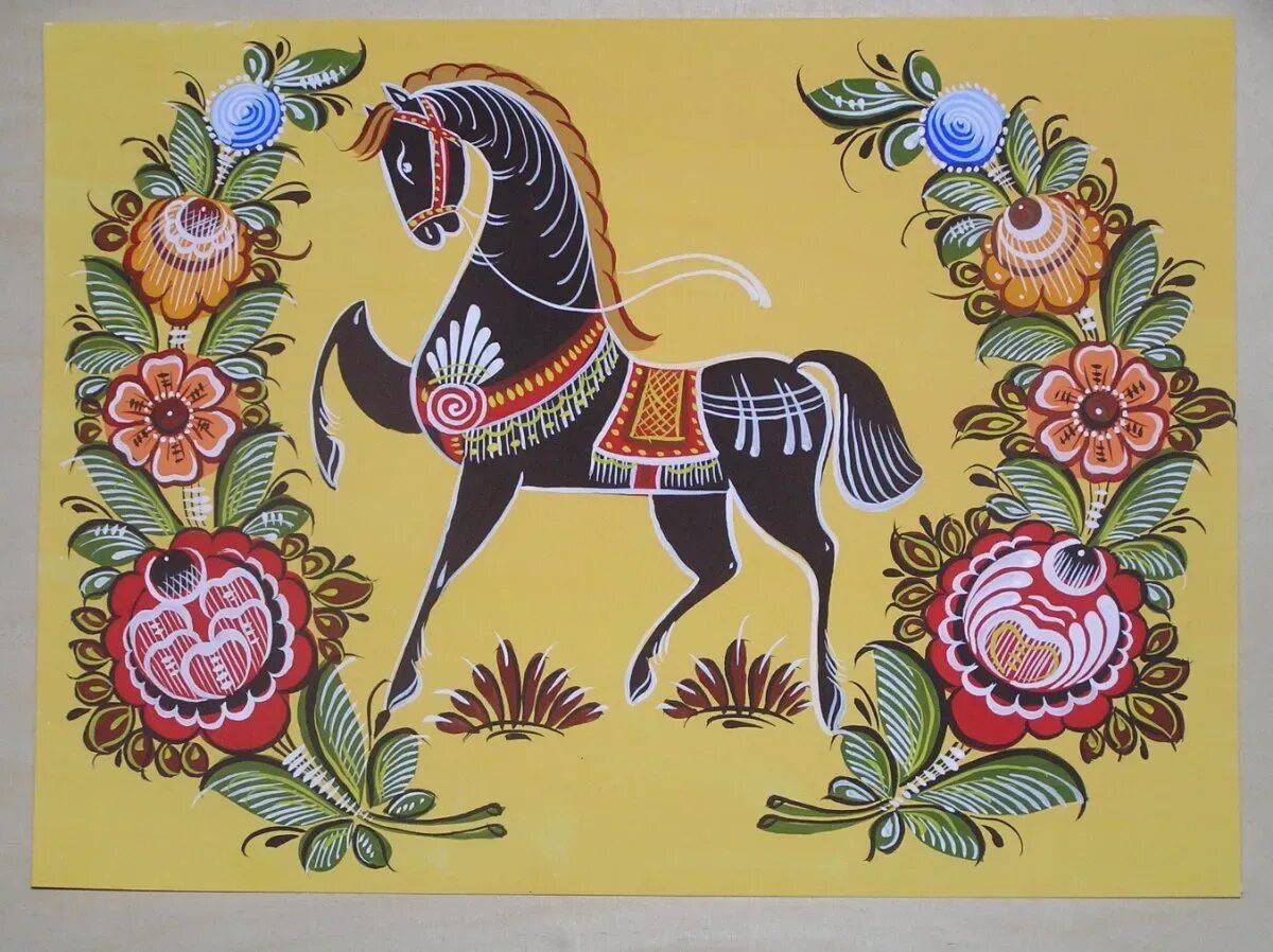 Городецкая роспись конь #11