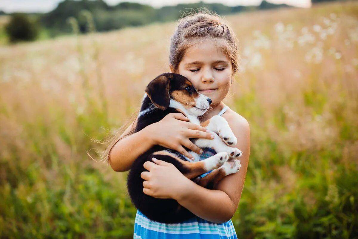 Мальчик держит собаку. Девочка с собакой. Щенок на руках. Девочка обнимает собаку. Для детей. Животные.