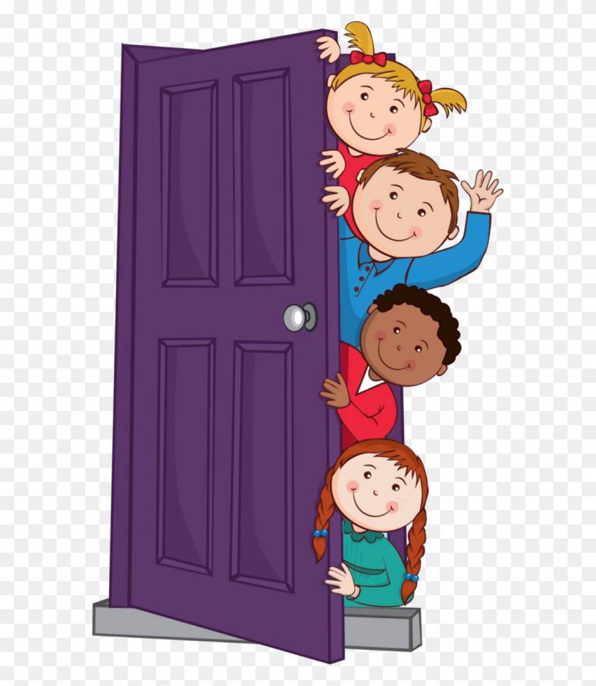 И мальчики приходившие в гости. Открытая дверь. Дверь мультяшная. Дверь для детей. Дверь рисунок.