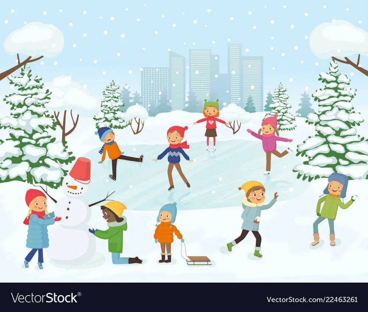 Дети гуляют зимой на участке #18