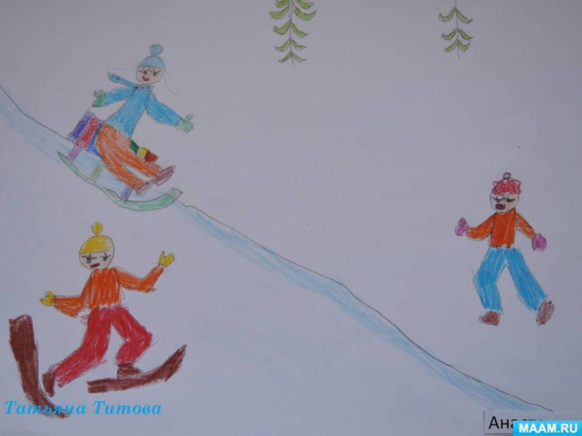 Дети гуляют зимой на участке рисование старшая группа #4